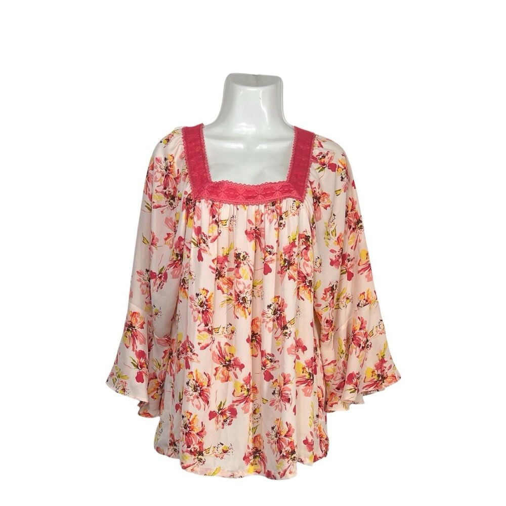 Pioneer Woman Tunic Top XL Pink Floral Bell Sleeve Square Neck Lace Trim Flowy